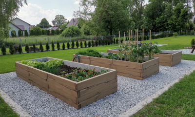 ogród warzywny w skrzyniach, skrzynie na warzywa z betonu, podwyższone grządki, ogród warzywny, warzywnik, warzywnik betonowy, warzywniki betonowe